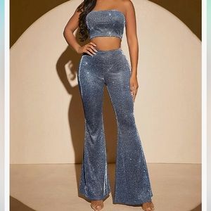 2 Piece Glitter Crop Top Bandeau and Flare Bottoms
